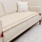 Cream Striped Custom Size Linen Sofa Topper Slipcover Pet Friendly, Washable, Stain Resistant, Non Slip Furniture Couch Protector Sofa Pad